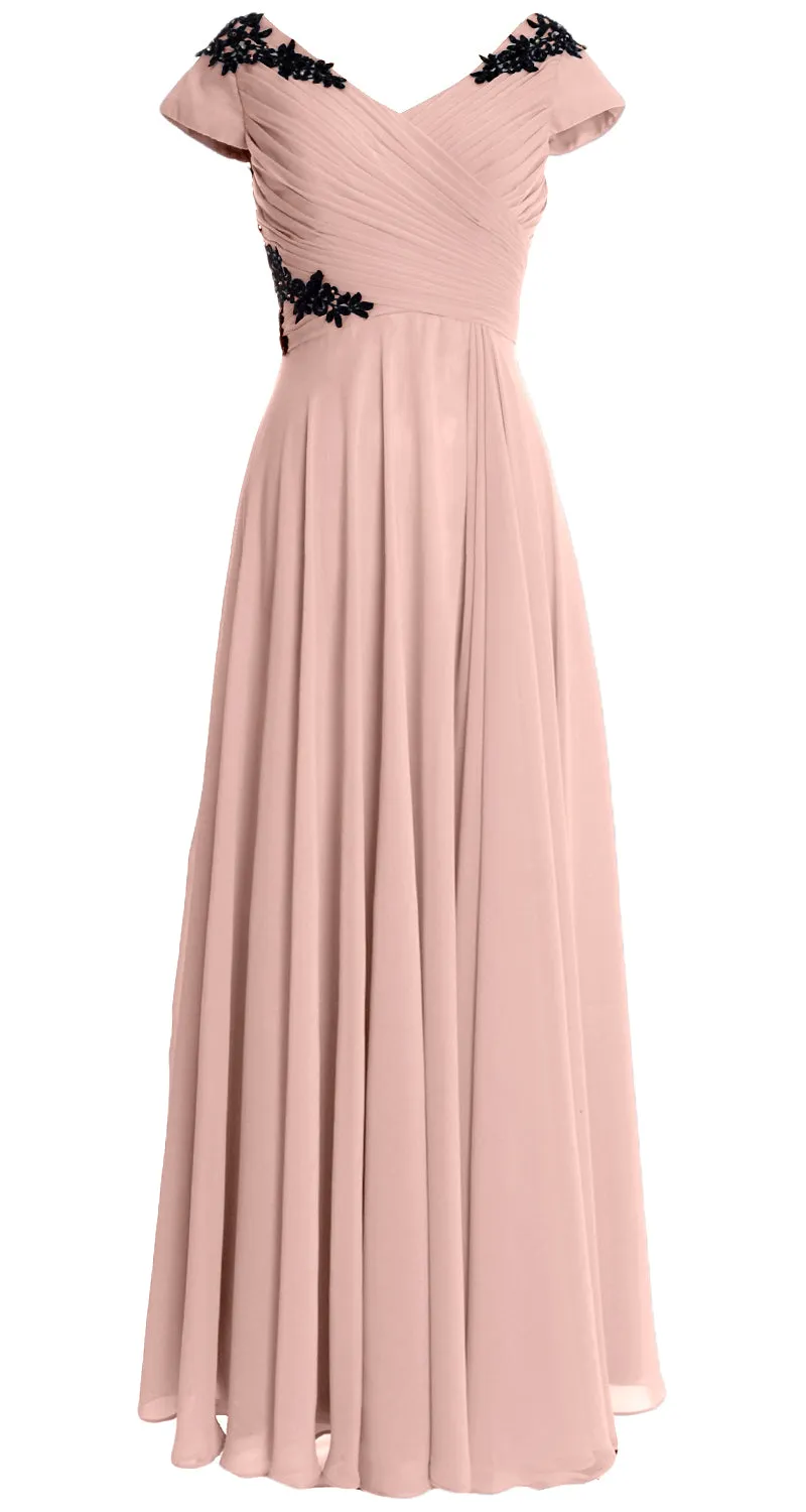 MACloth Women Mother of the Bride Dresses Cap Sleeves V Neck Formal Evening Gown