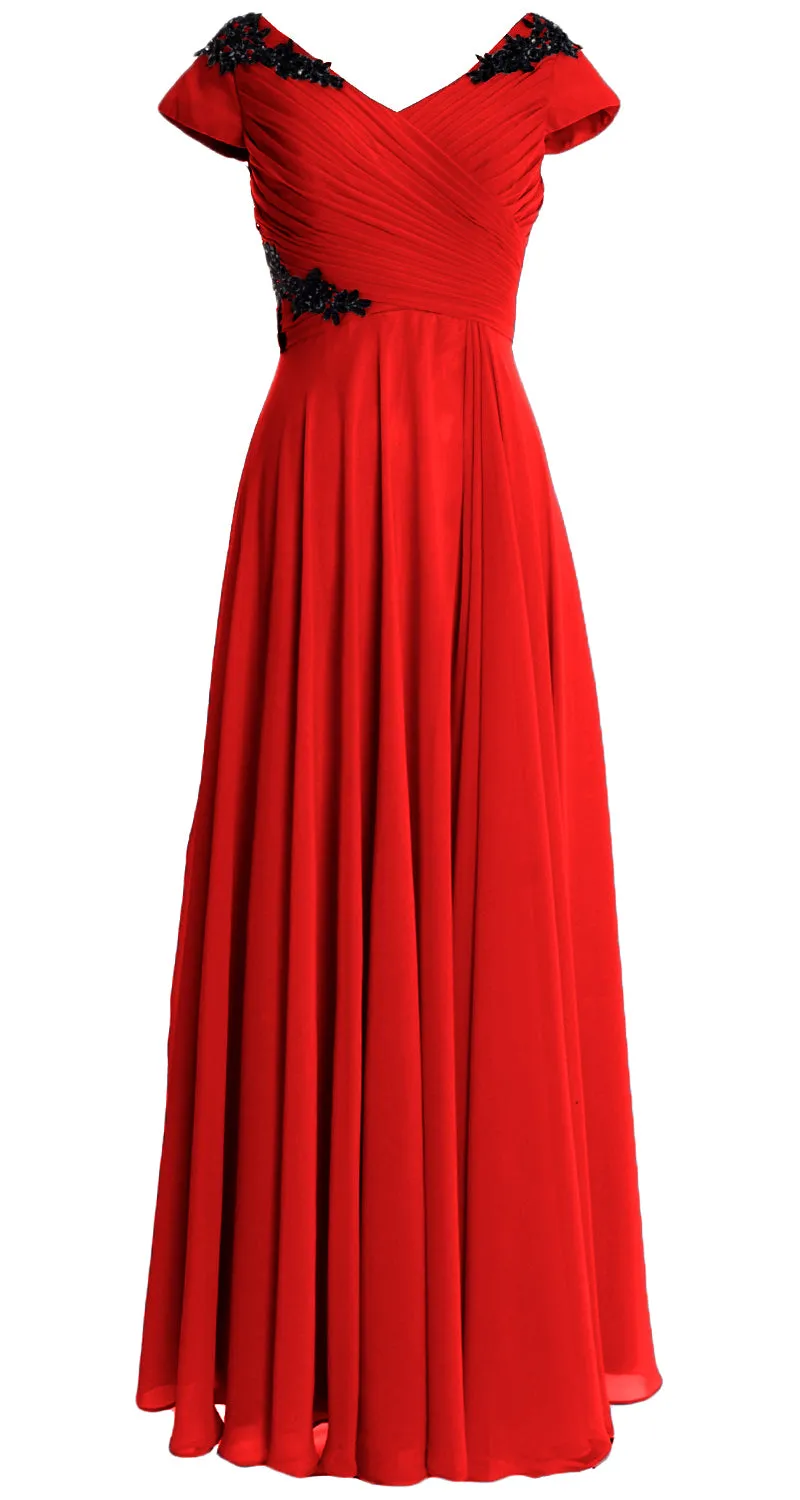 MACloth Women Mother of the Bride Dresses Cap Sleeves V Neck Formal Evening Gown