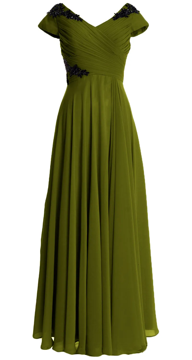 MACloth Women Mother of the Bride Dresses Cap Sleeves V Neck Formal Evening Gown