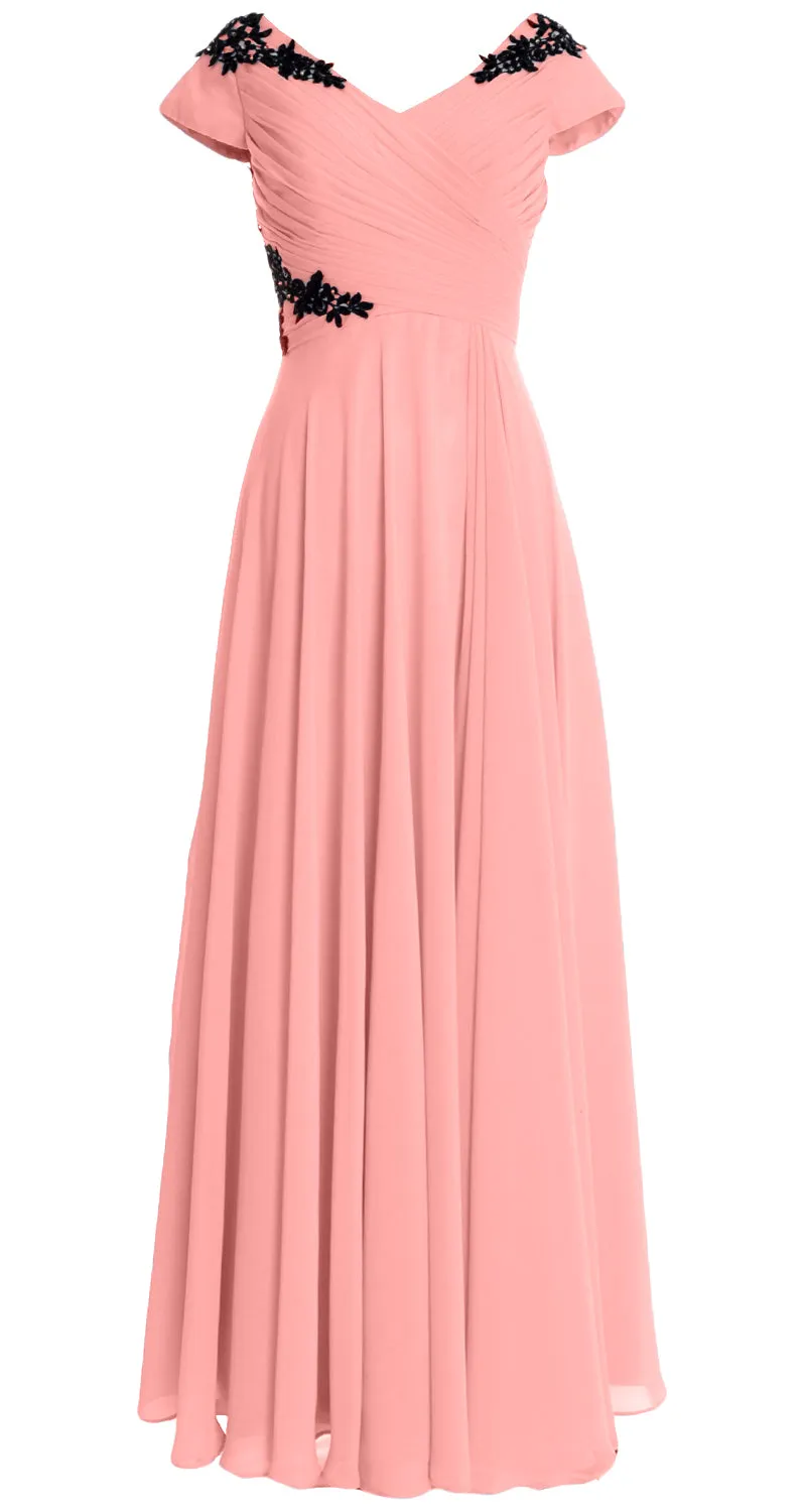 MACloth Women Mother of the Bride Dresses Cap Sleeves V Neck Formal Evening Gown