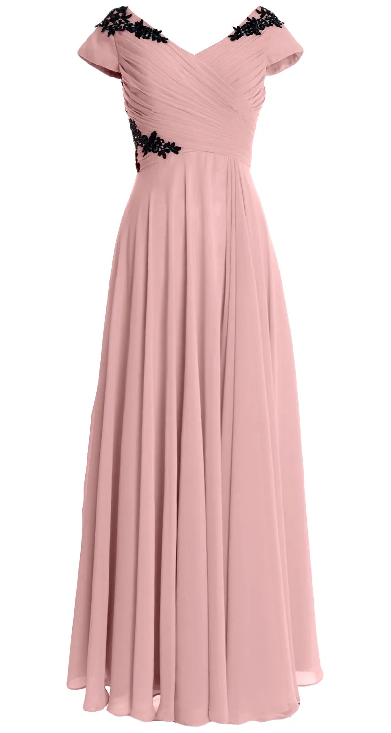 MACloth Women Mother of the Bride Dresses Cap Sleeves V Neck Formal Evening Gown