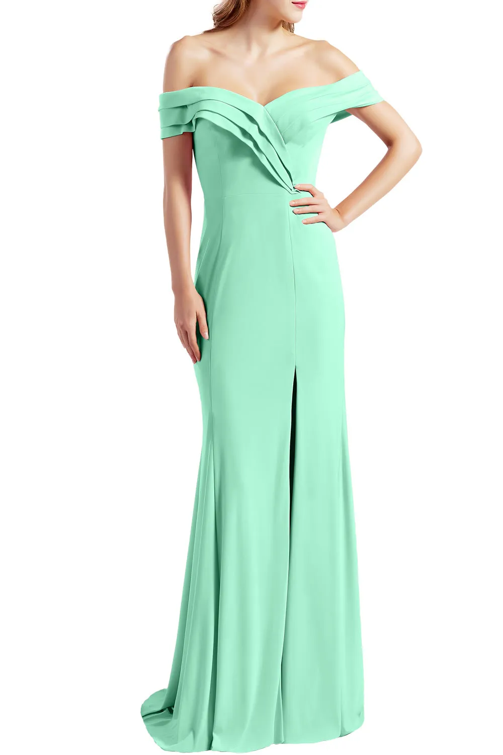 MACloth Women Prom Dresses with Side Split Off the Shoulder Formal Evening Gown