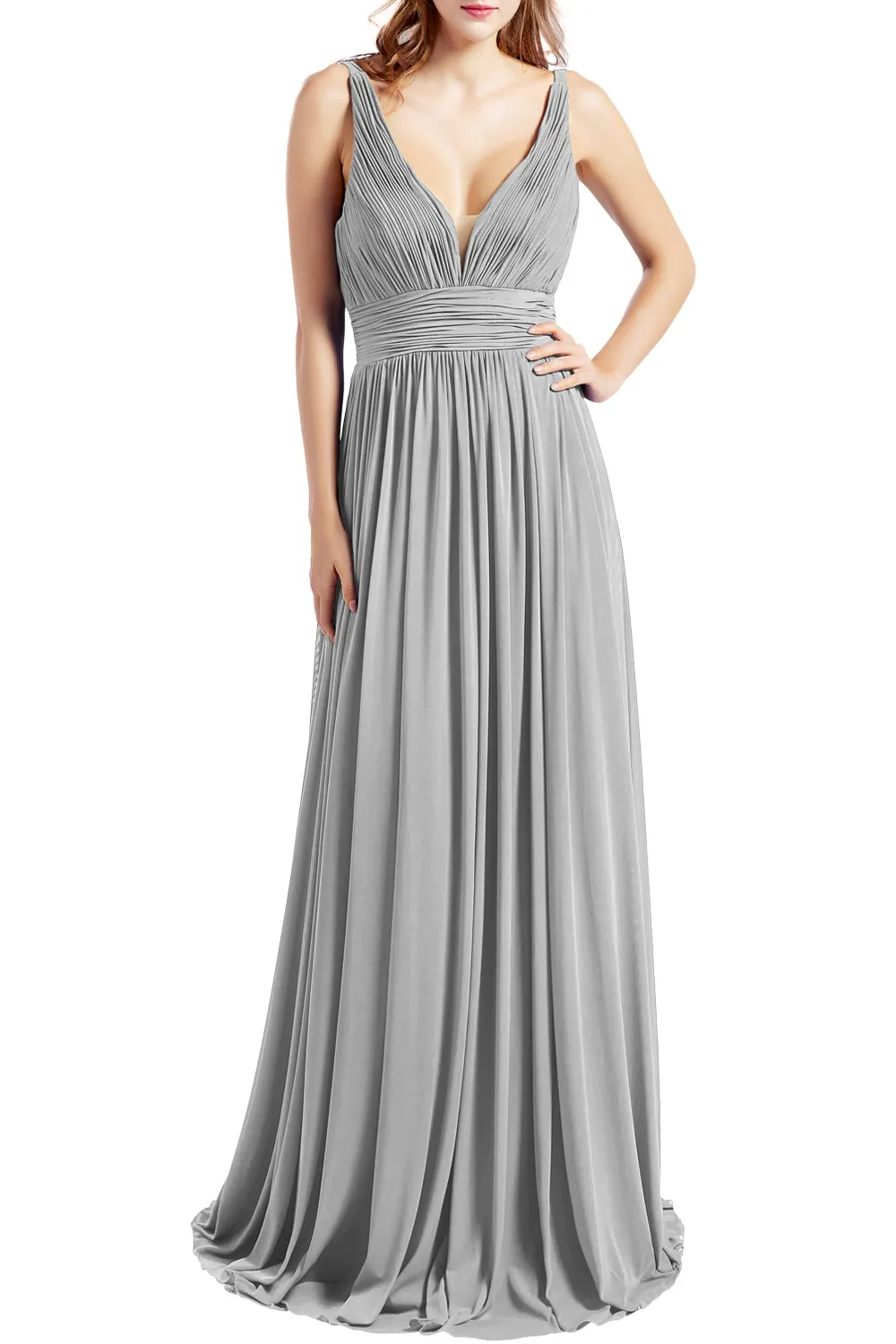 MACloth Women Sleeveless V Neck Formal Evening Gown Prom Dresses Beach Wedding