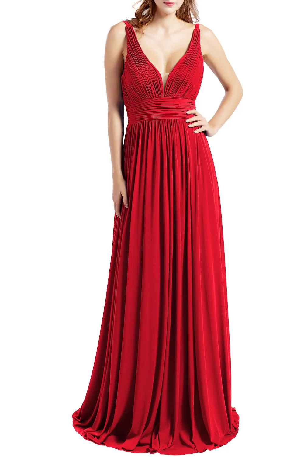 MACloth Women Sleeveless V Neck Formal Evening Gown Prom Dresses Beach Wedding