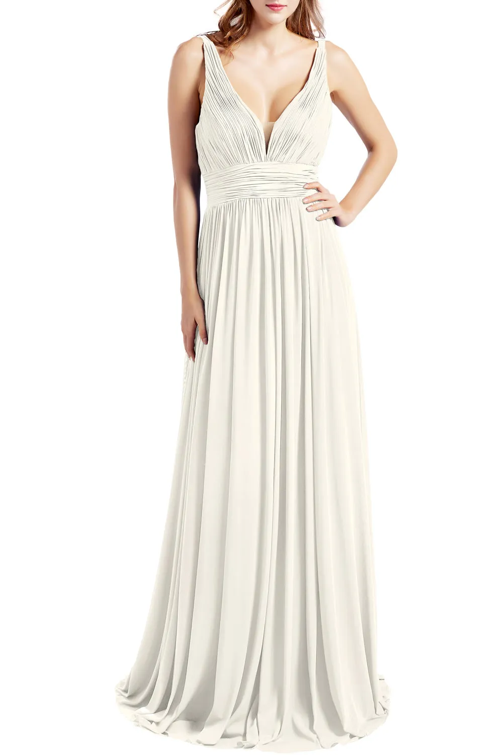 MACloth Women Sleeveless V Neck Formal Evening Gown Prom Dresses Beach Wedding