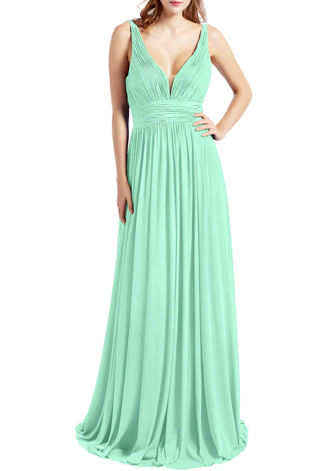 MACloth Women Sleeveless V Neck Formal Evening Gown Prom Dresses Beach Wedding
