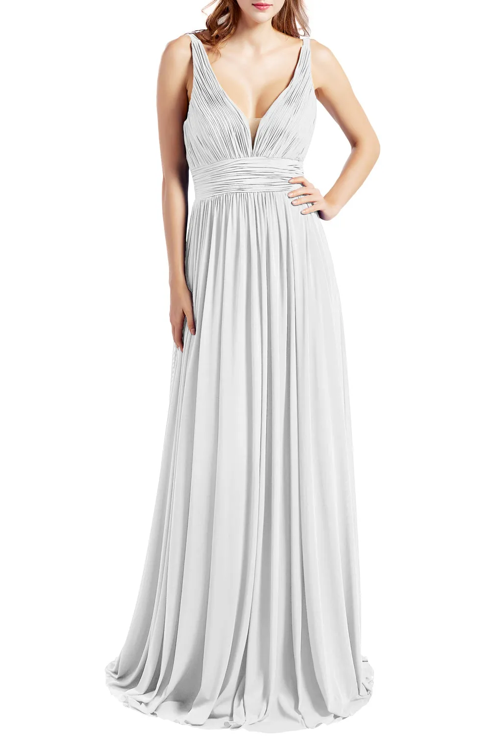 MACloth Women Sleeveless V Neck Formal Evening Gown Prom Dresses Beach Wedding