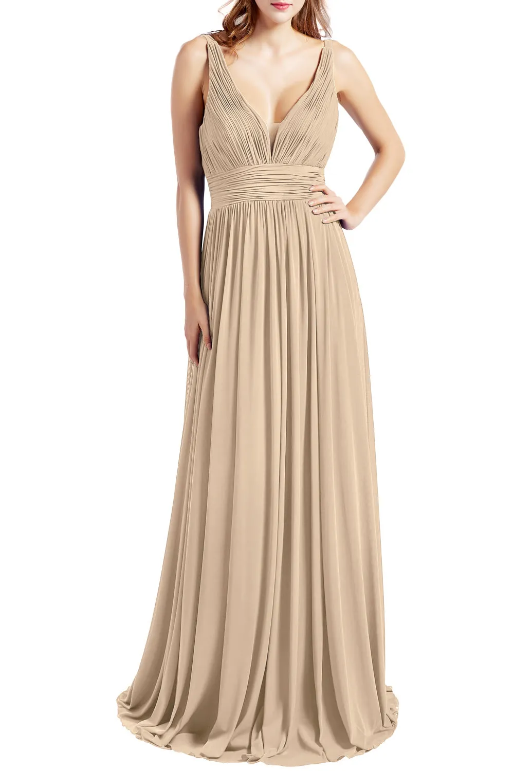 MACloth Women Sleeveless V Neck Formal Evening Gown Prom Dresses Beach Wedding