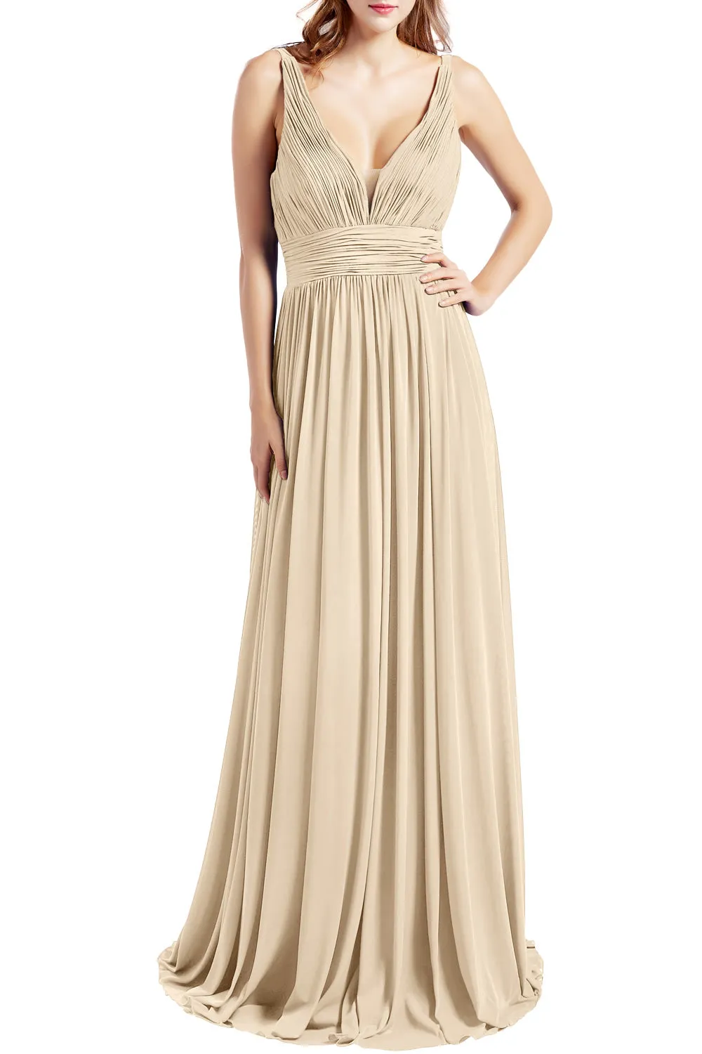 MACloth Women Sleeveless V Neck Formal Evening Gown Prom Dresses Beach Wedding