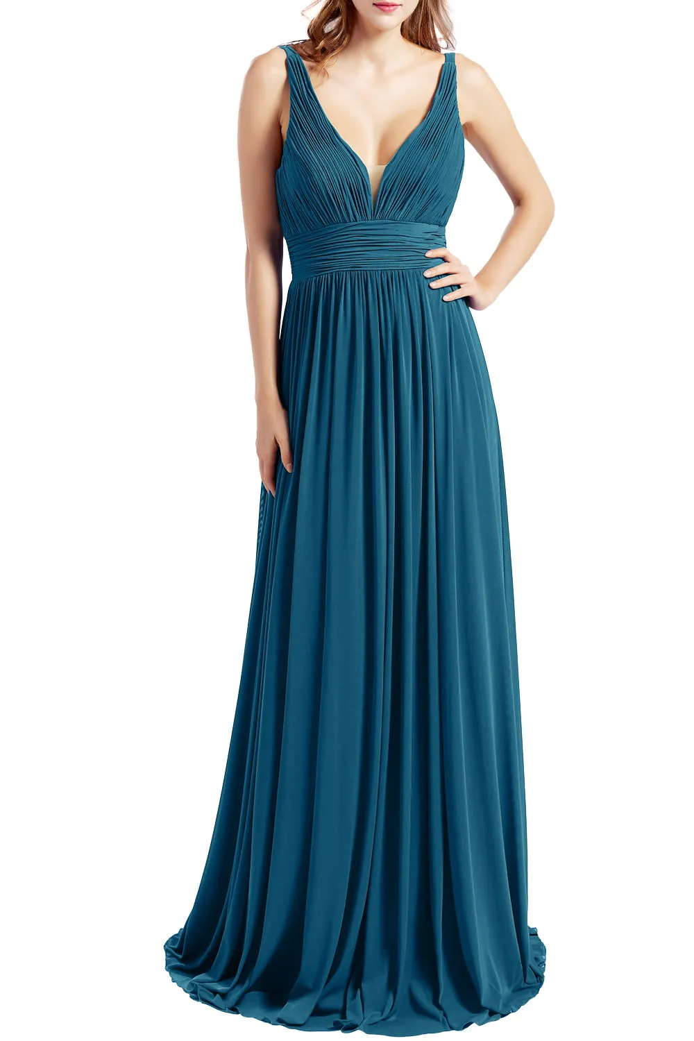 MACloth Women Sleeveless V Neck Formal Evening Gown Prom Dresses Beach Wedding