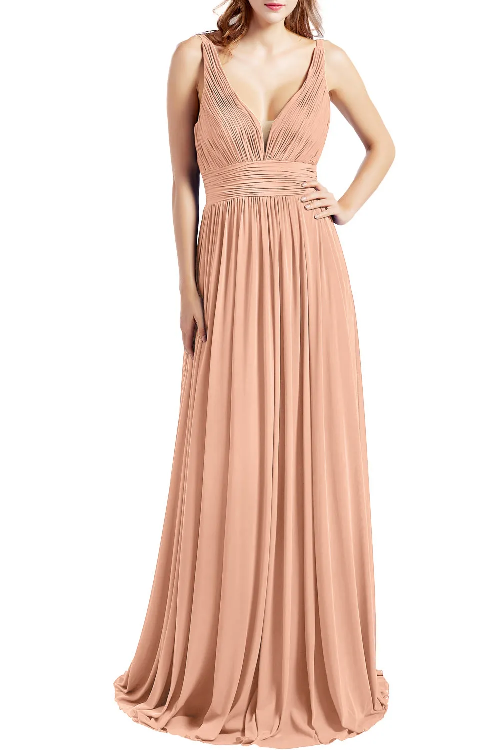 MACloth Women Sleeveless V Neck Formal Evening Gown Prom Dresses Beach Wedding