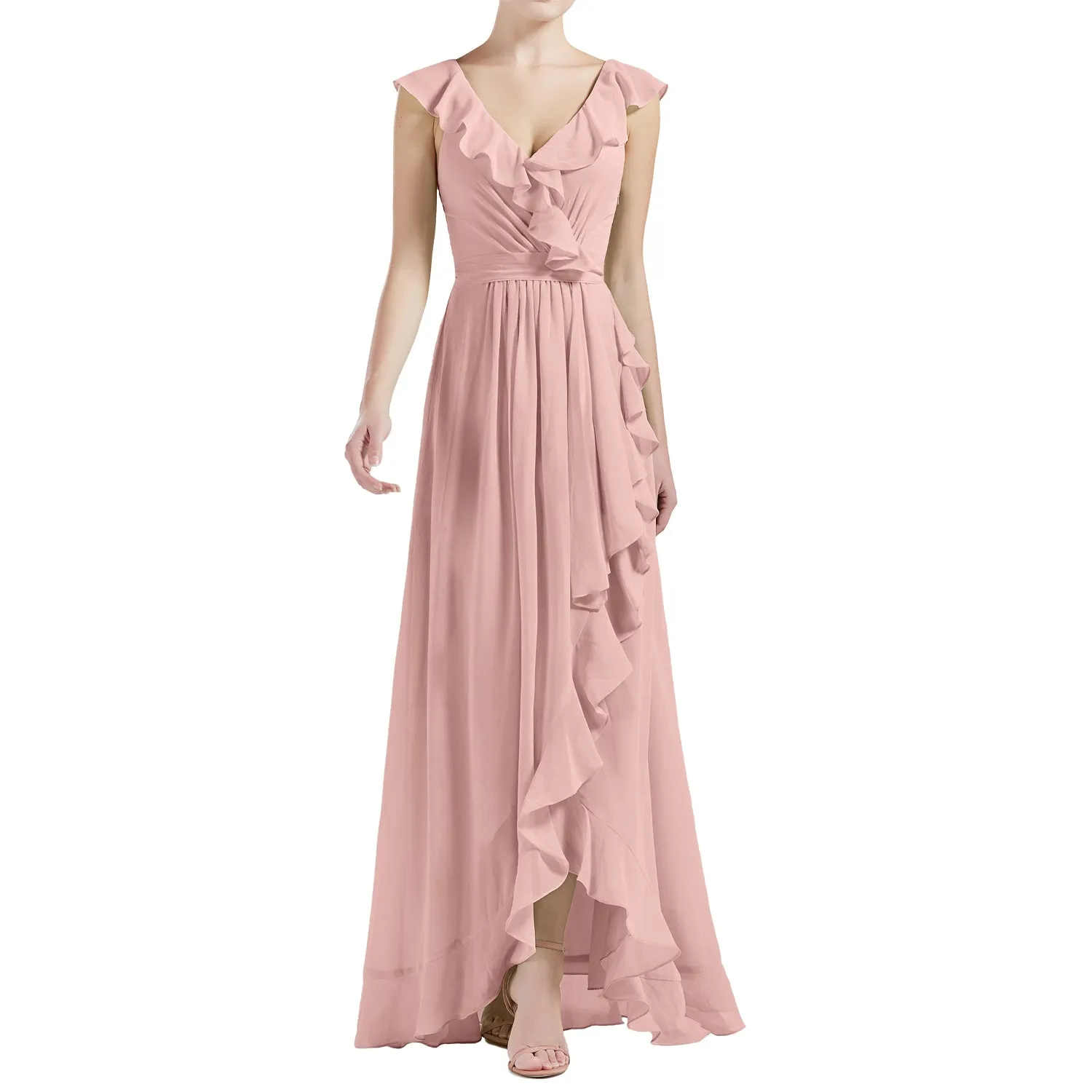 MACloth Women V Neck Ruffle Cap Sleeve Hi-Lo Long Wedding Bridesmaid Dresses