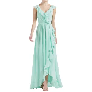 MACloth Women V Neck Ruffle Cap Sleeve Hi-Lo Long Wedding Bridesmaid Dresses