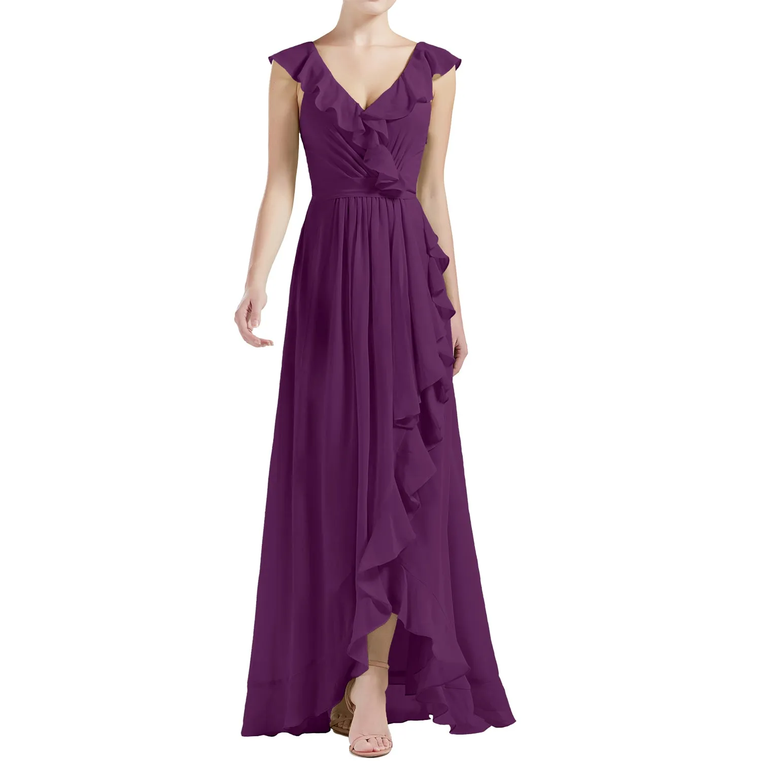 MACloth Women V Neck Ruffle Cap Sleeve Hi-Lo Long Wedding Bridesmaid Dresses