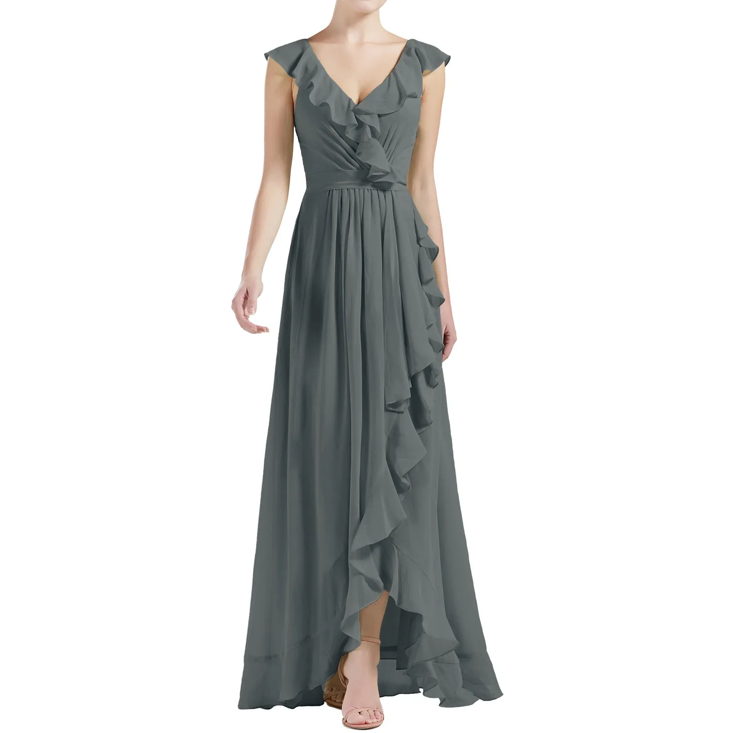 MACloth Women V Neck Ruffle Cap Sleeve Hi-Lo Long Wedding Bridesmaid Dresses