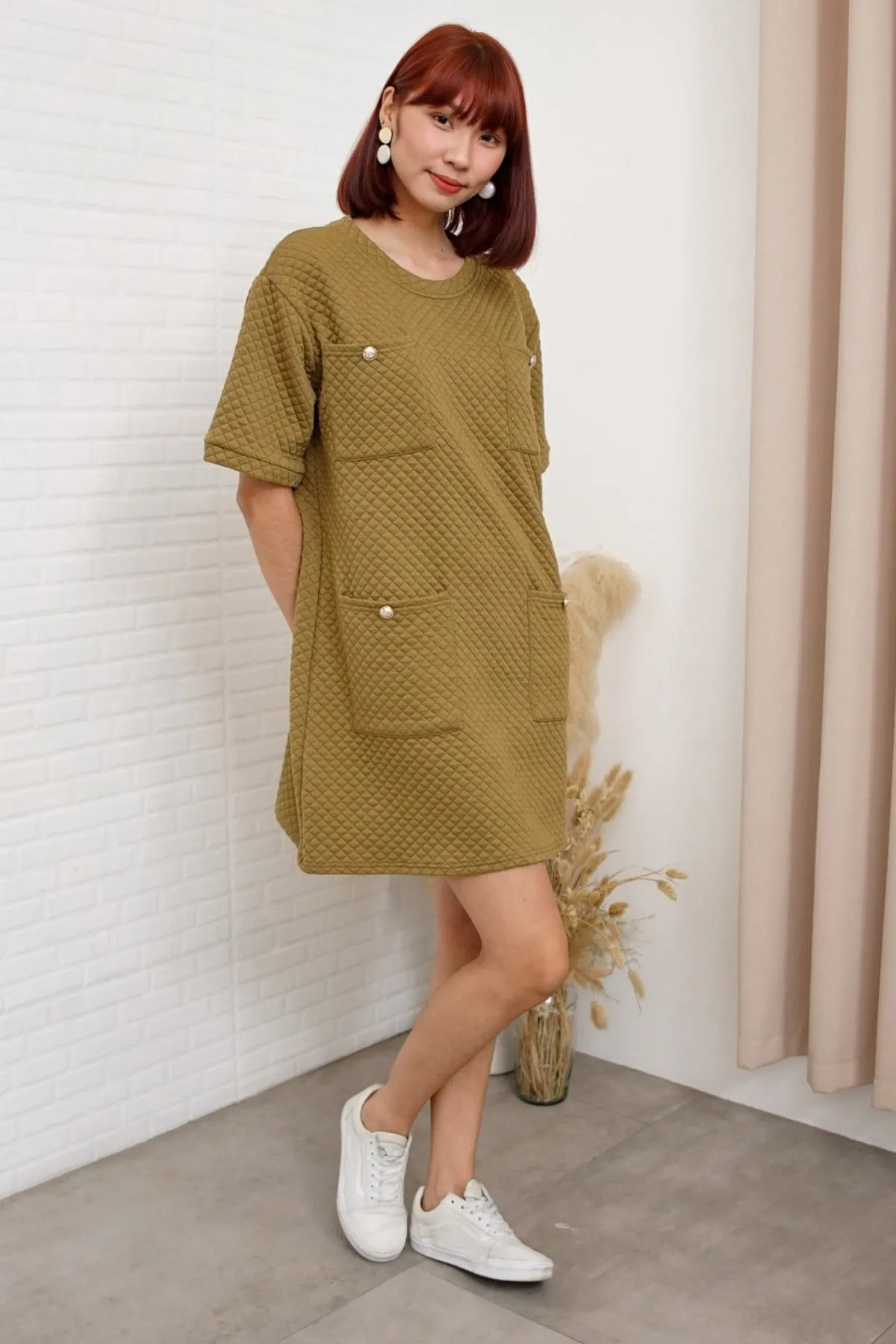 MCKENNA Diamond-Quilt Pocket Dress (Moss Green)