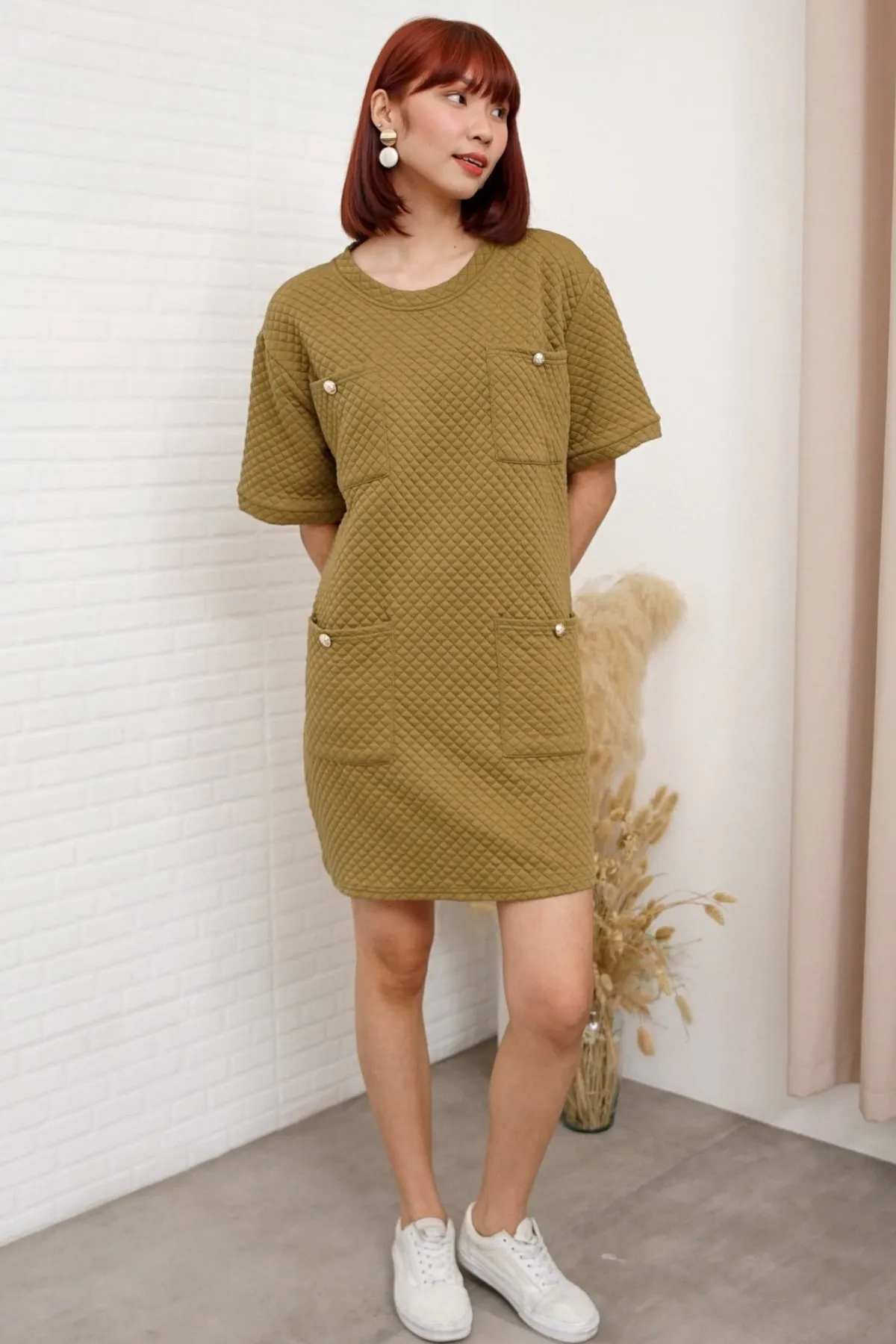 MCKENNA Diamond-Quilt Pocket Dress (Moss Green)