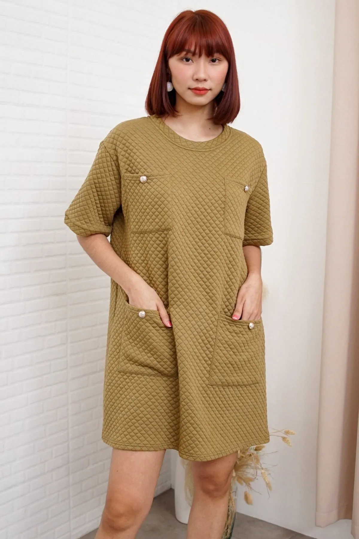 MCKENNA Diamond-Quilt Pocket Dress (Moss Green)