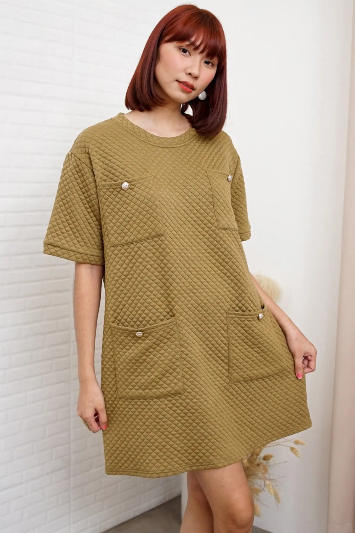 MCKENNA Diamond-Quilt Pocket Dress (Moss Green)