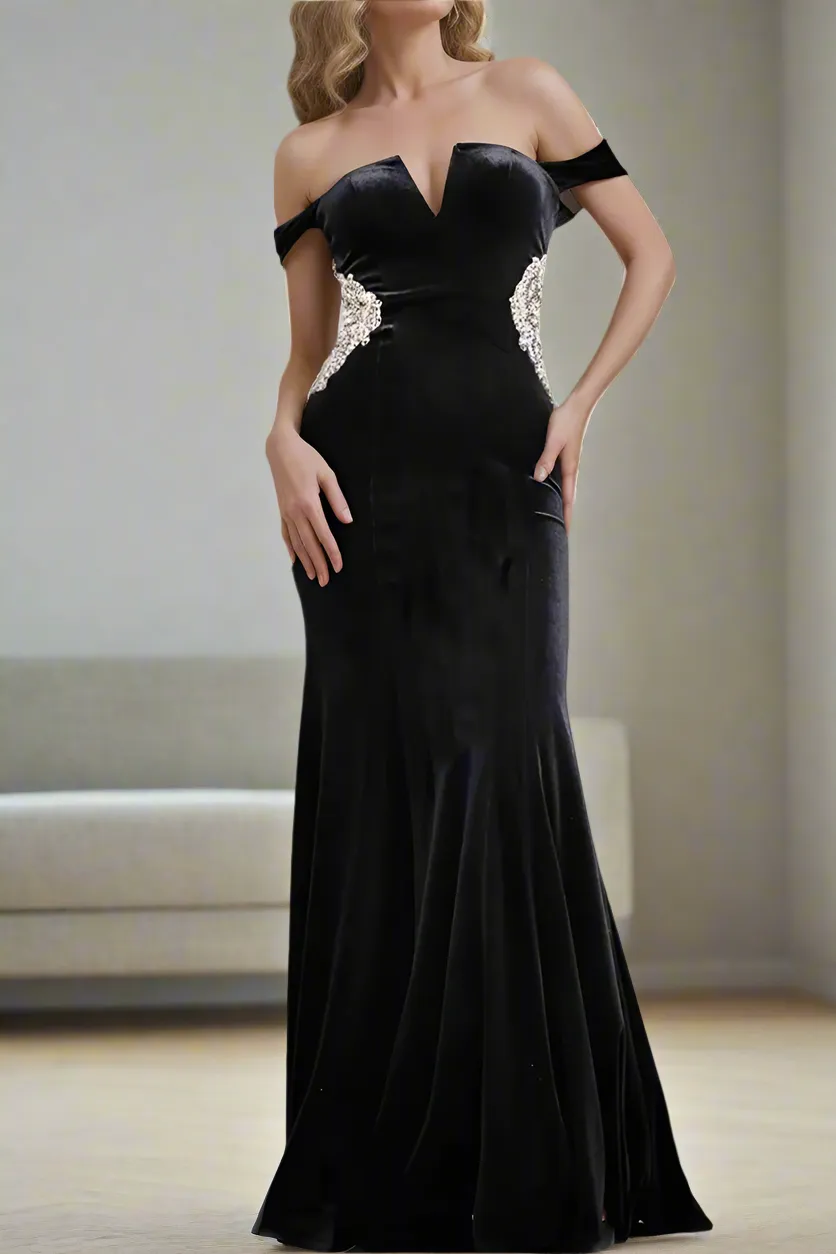 Mermaid Beading Black Velvet Long Mother of The Bride Dresses