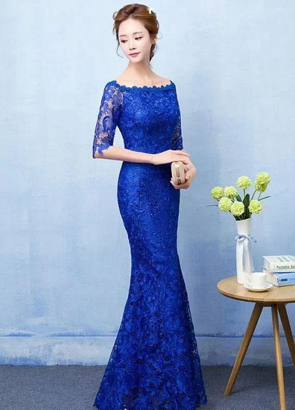 Mermaid Evening Dress Royal Blue Lace Prom Dress Off The Shoulder Half Sleeve Fishtail Maxi Party Dress Wedding Guest Dress