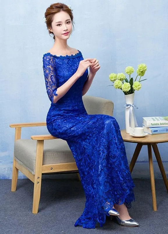 Mermaid Evening Dress Royal Blue Lace Prom Dress Off The Shoulder Half Sleeve Fishtail Maxi Party Dress Wedding Guest Dress