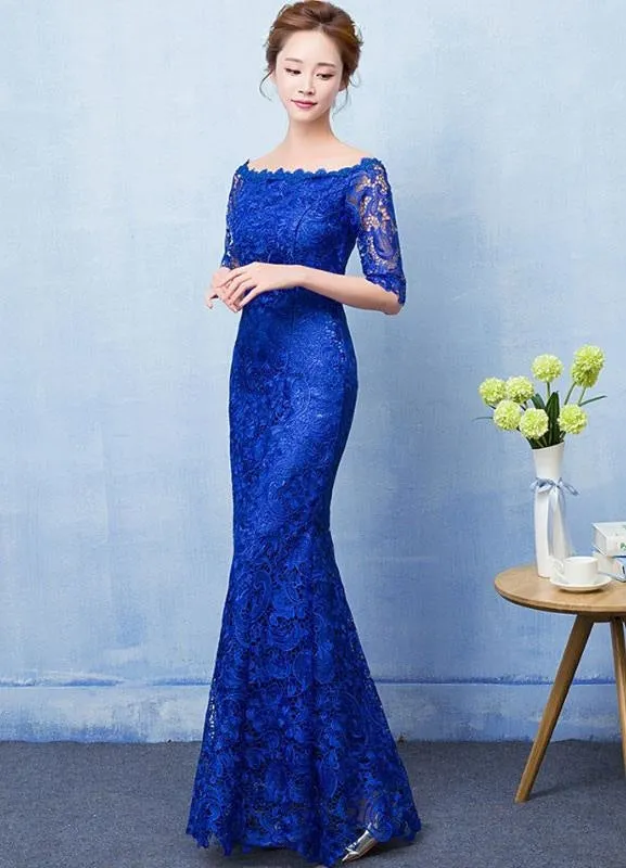 Mermaid Evening Dress Royal Blue Lace Prom Dress Off The Shoulder Half Sleeve Fishtail Maxi Party Dress Wedding Guest Dress