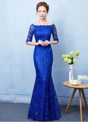 Mermaid Evening Dress Royal Blue Lace Prom Dress Off The Shoulder Half Sleeve Fishtail Maxi Party Dress Wedding Guest Dress