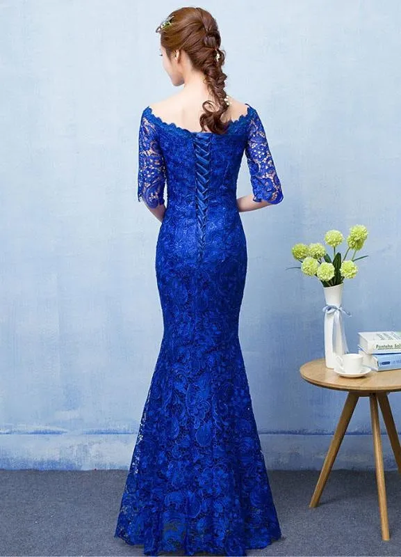 Mermaid Evening Dress Royal Blue Lace Prom Dress Off The Shoulder Half Sleeve Fishtail Maxi Party Dress Wedding Guest Dress