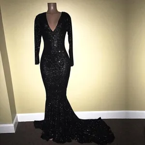 Mermaid Long-Sleeves Black Sequined Prom Dresses