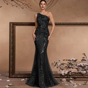 Mermaid One-Shoulder Long Black Prom Dress with Sequins