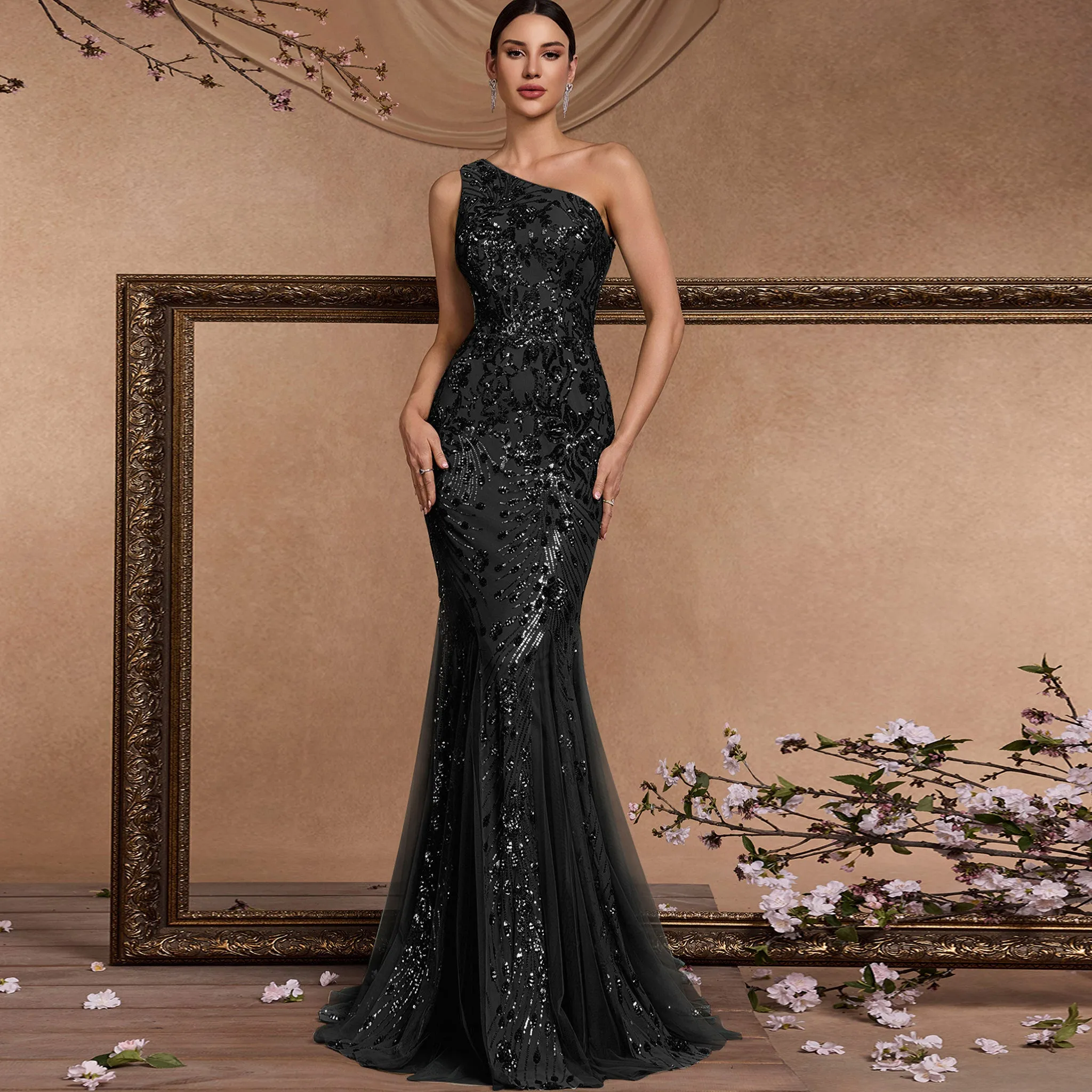 Mermaid One-Shoulder Long Black Prom Dress with Sequins