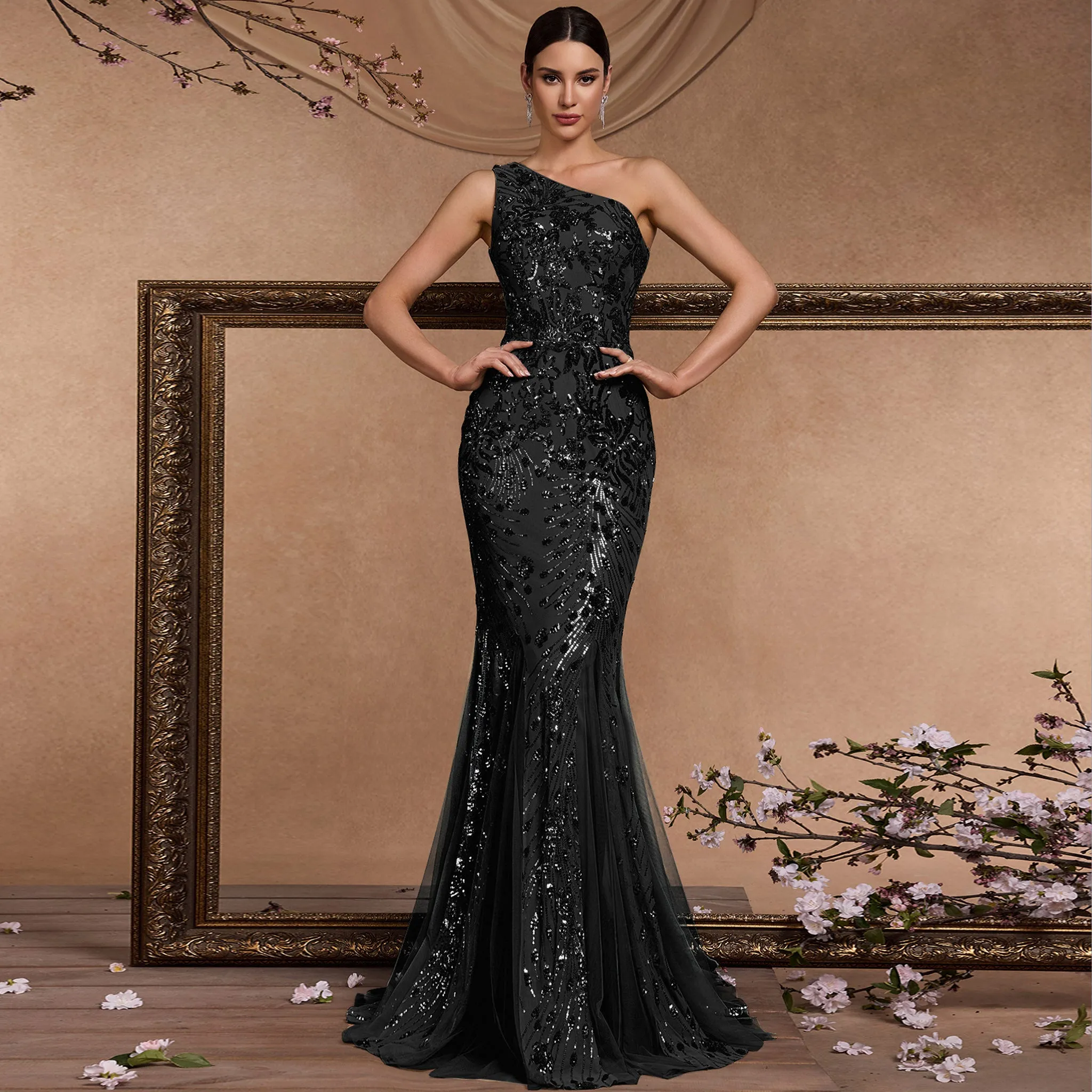 Mermaid One-Shoulder Long Black Prom Dress with Sequins