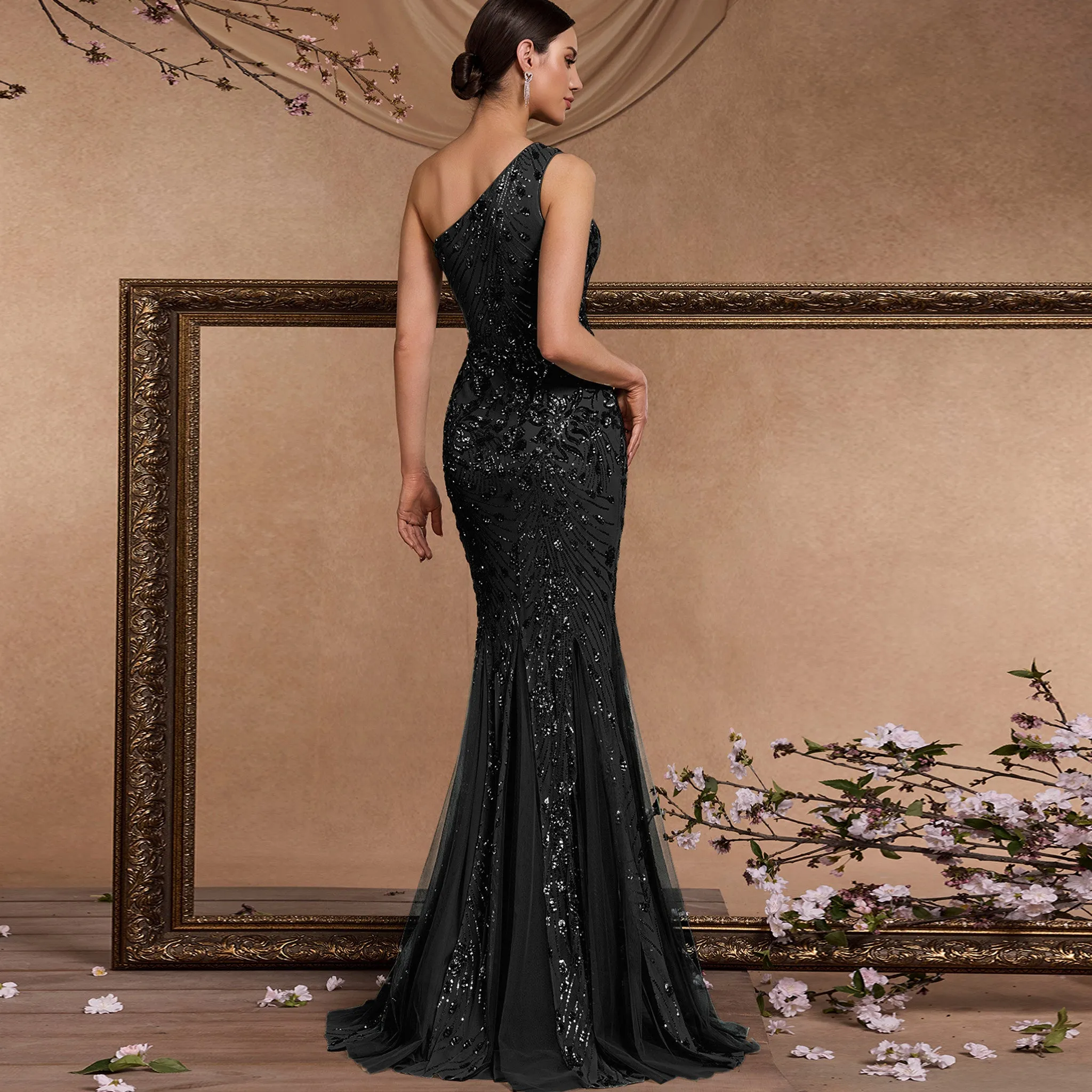 Mermaid One-Shoulder Long Black Prom Dress with Sequins