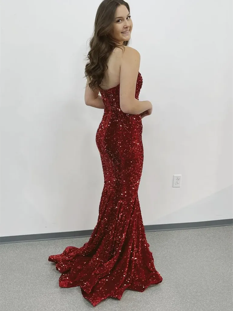 Mermaid Sequins Long Burgundy Prom Dresses, Mermaid Sequins Long Burgundy Formal Evening Dresses,DS3799