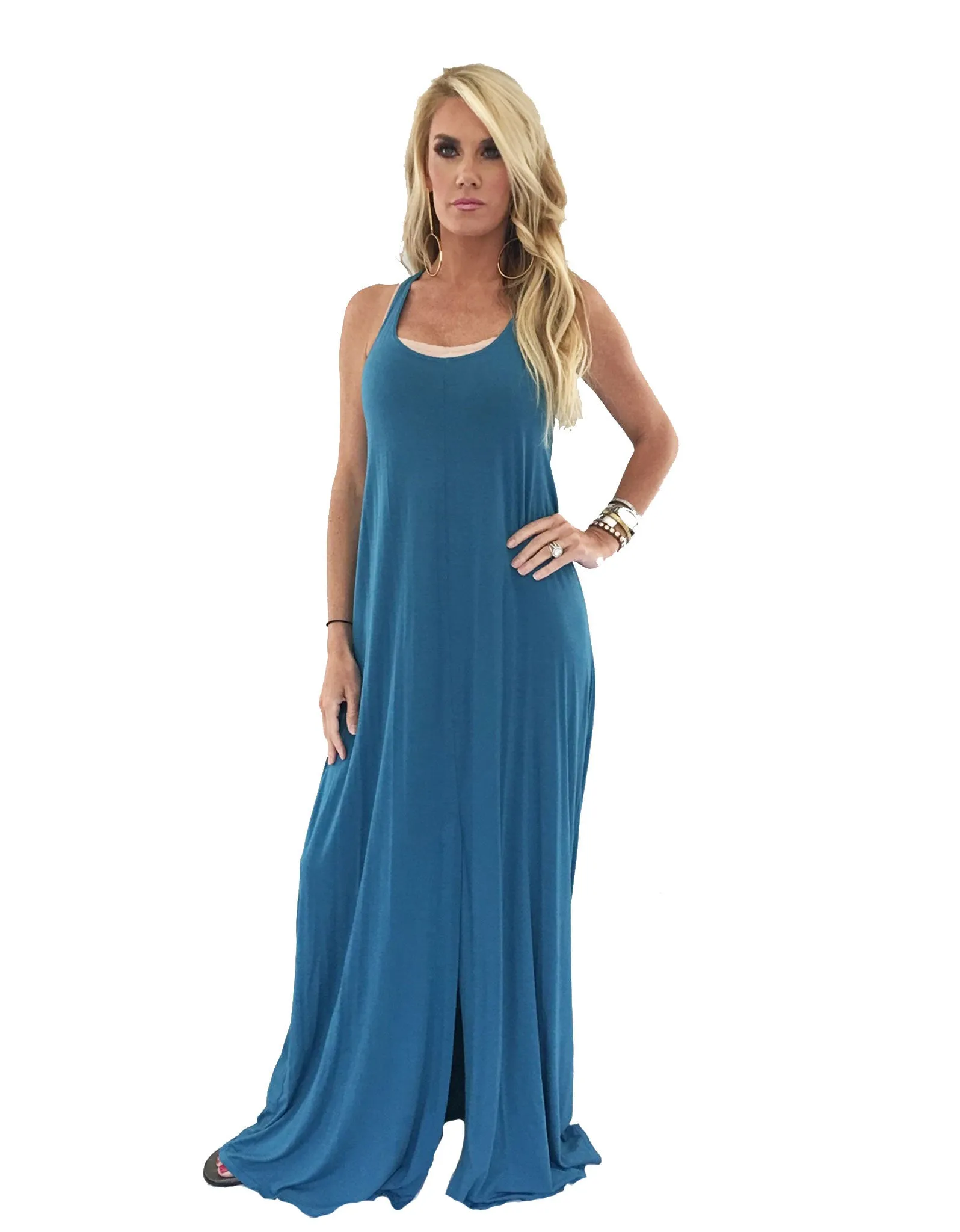 Michael Lauren Grady Circle Open Back Tank Dress in Black and Spruce Blue