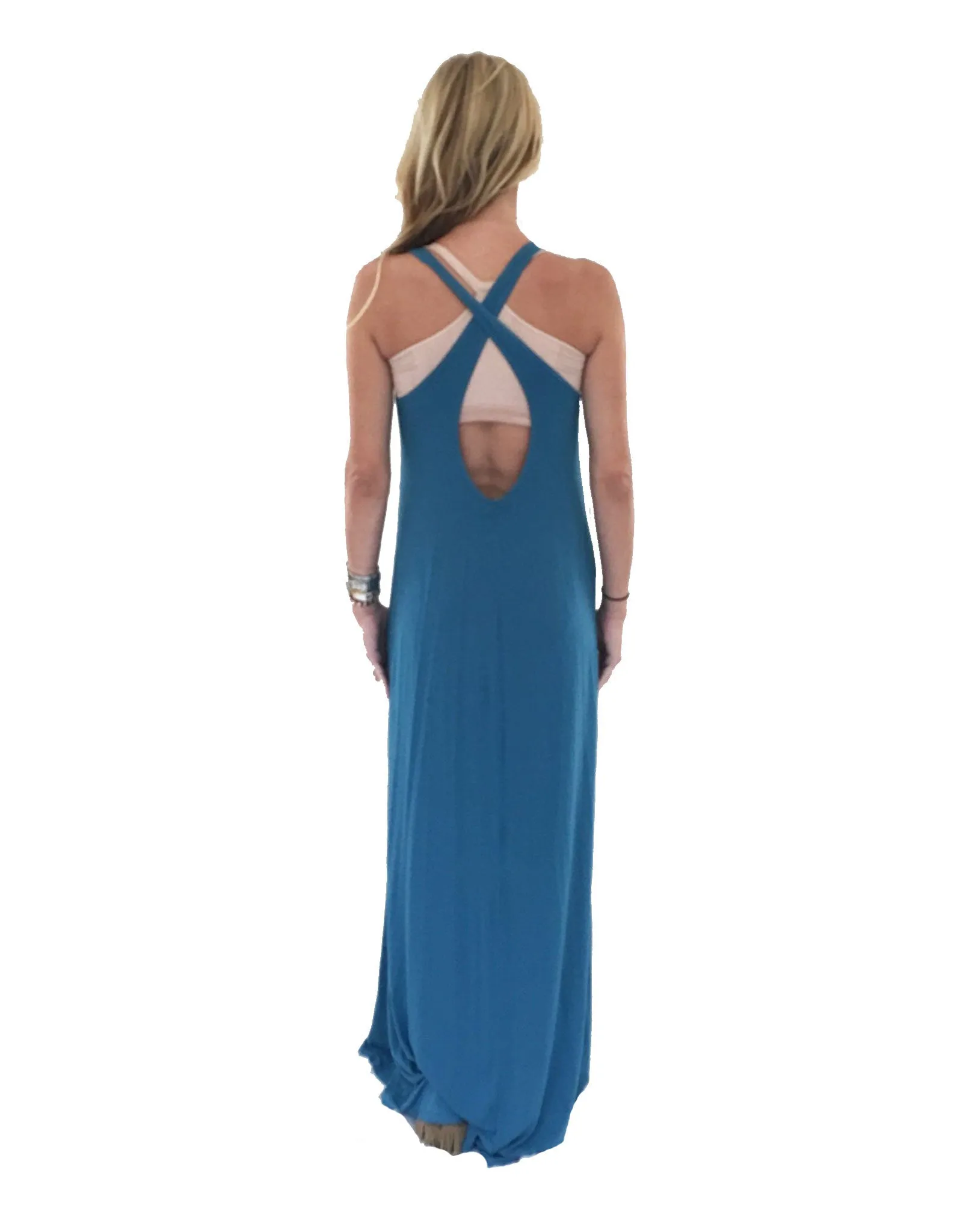 Michael Lauren Grady Circle Open Back Tank Dress in Black and Spruce Blue