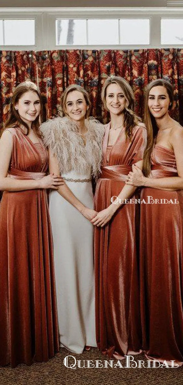 Mismatched Velvet A-line Long Cheap Wedding Party Bridesmaid Dresses, BDS0018