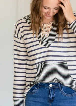 Mixed Stripe Lace Up Hooded Sweatshirt - FINAL SALE