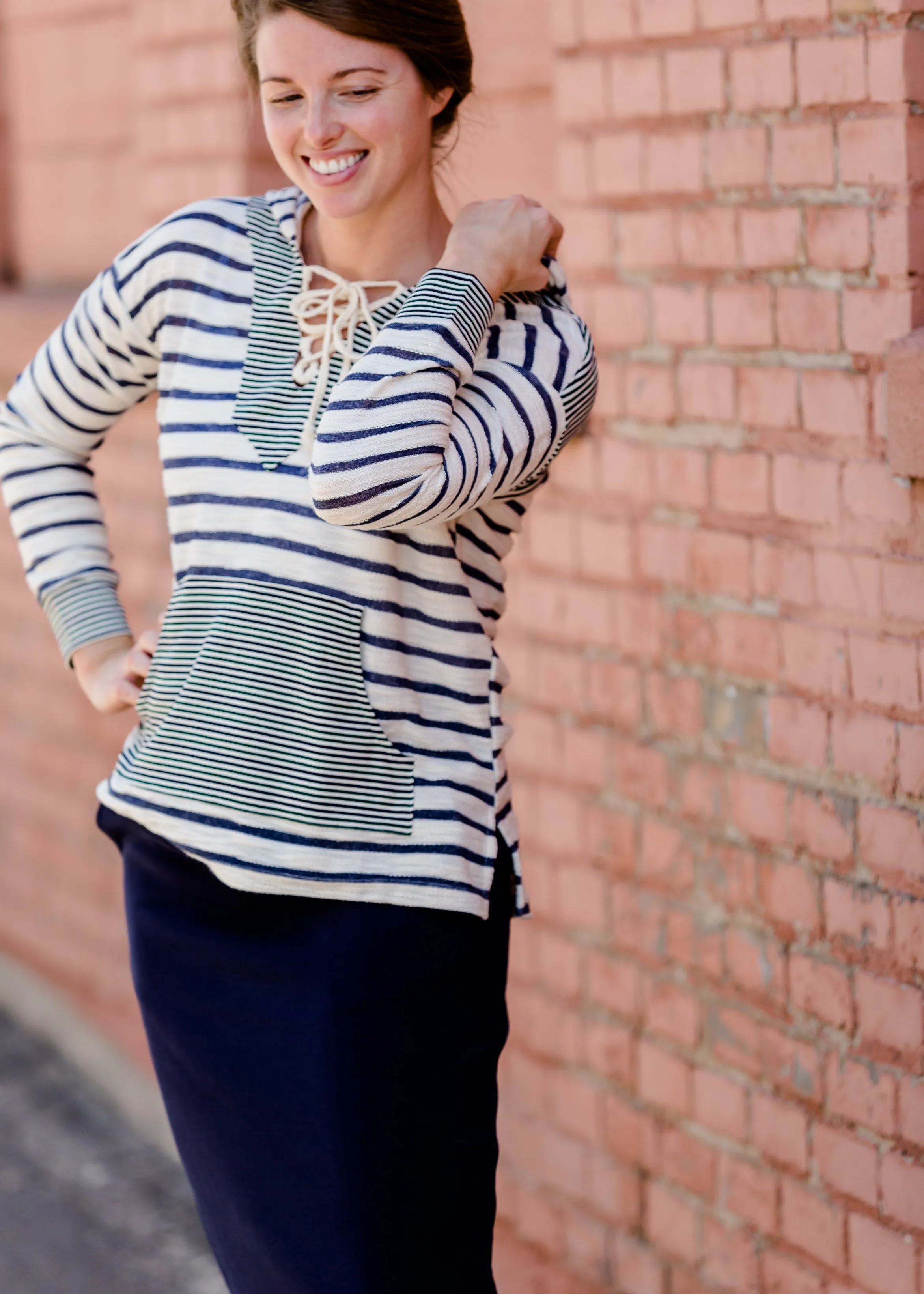 Mixed Stripe Lace Up Hooded Sweatshirt - FINAL SALE