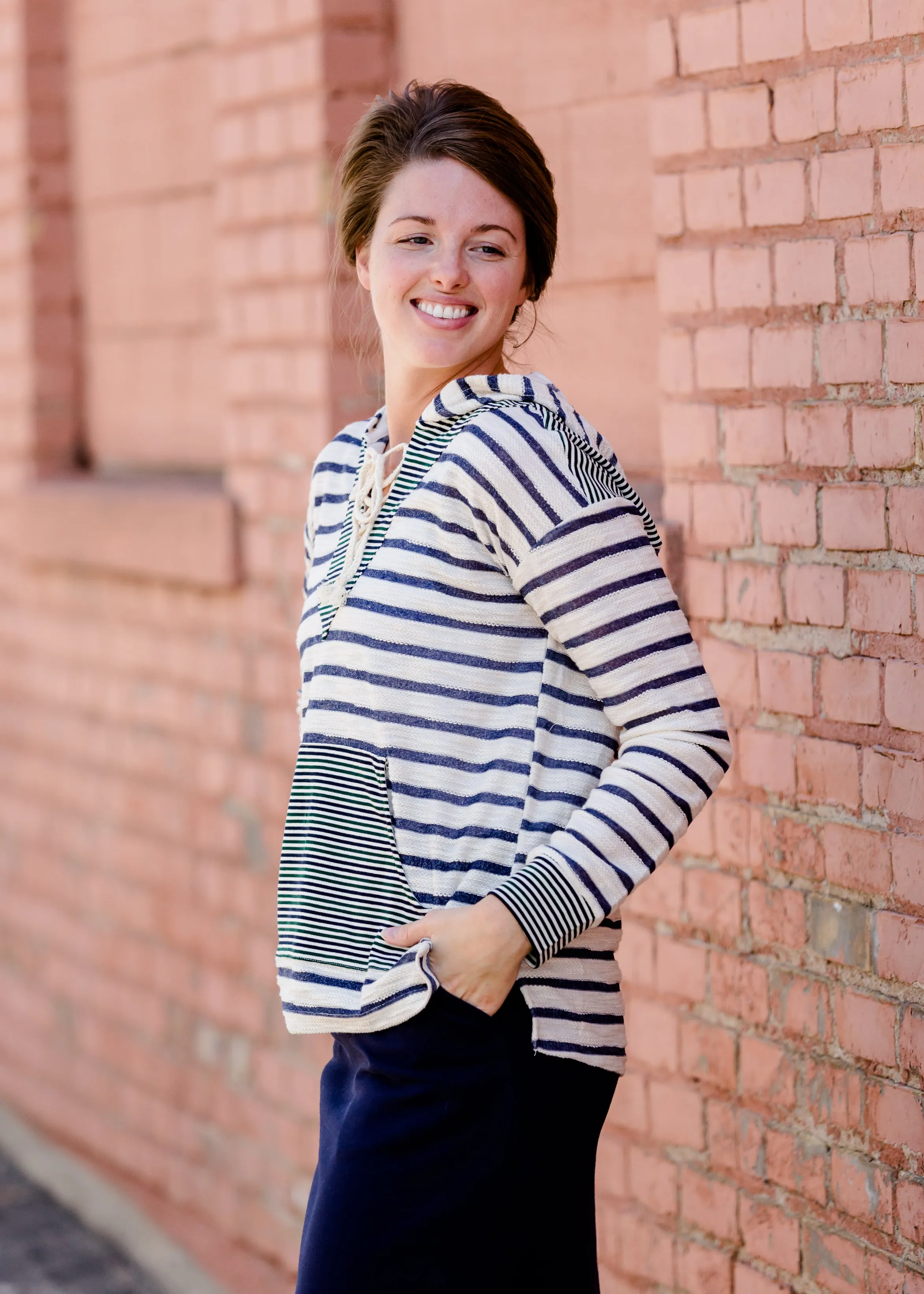 Mixed Stripe Lace Up Hooded Sweatshirt - FINAL SALE