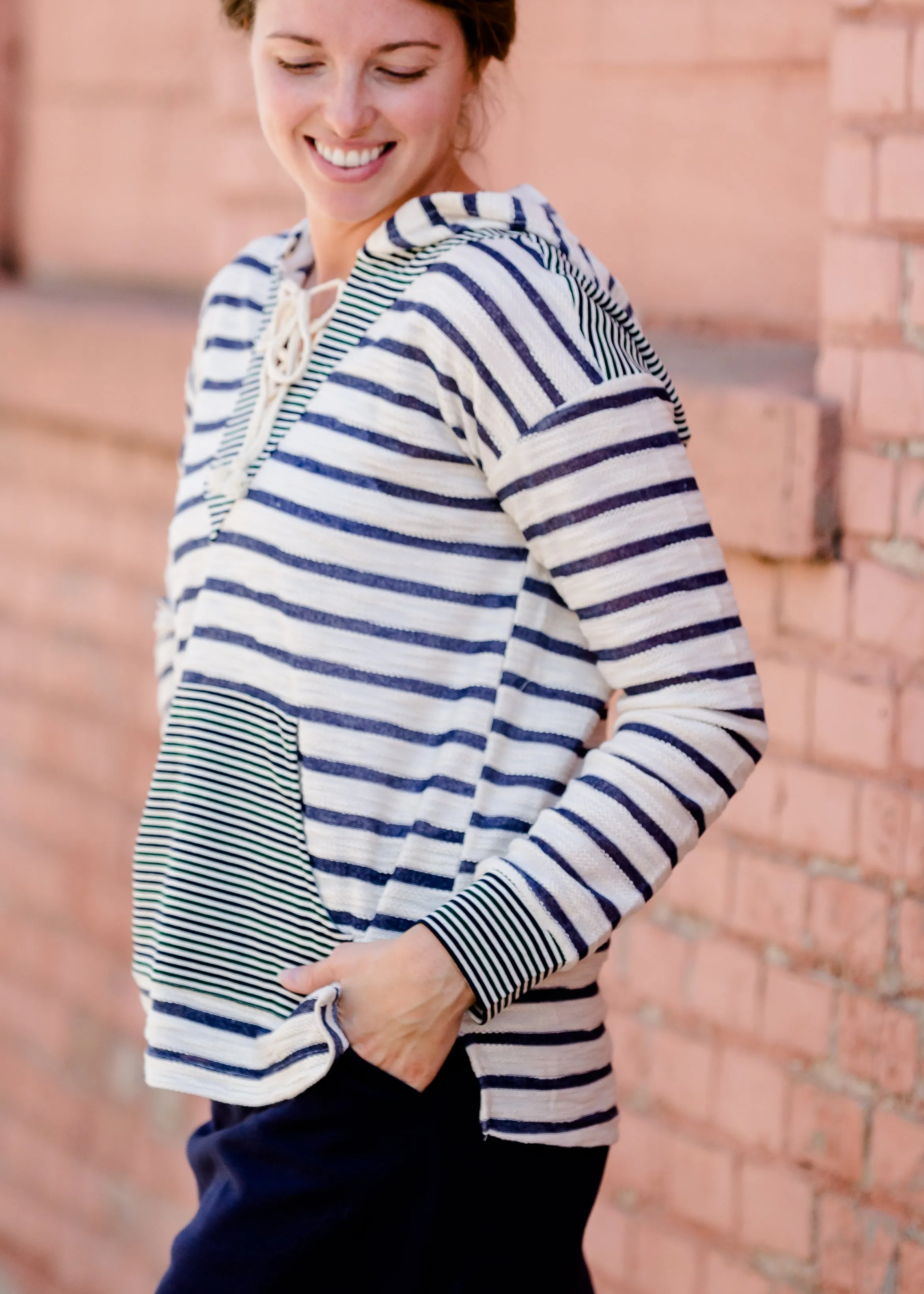 Mixed Stripe Lace Up Hooded Sweatshirt - FINAL SALE