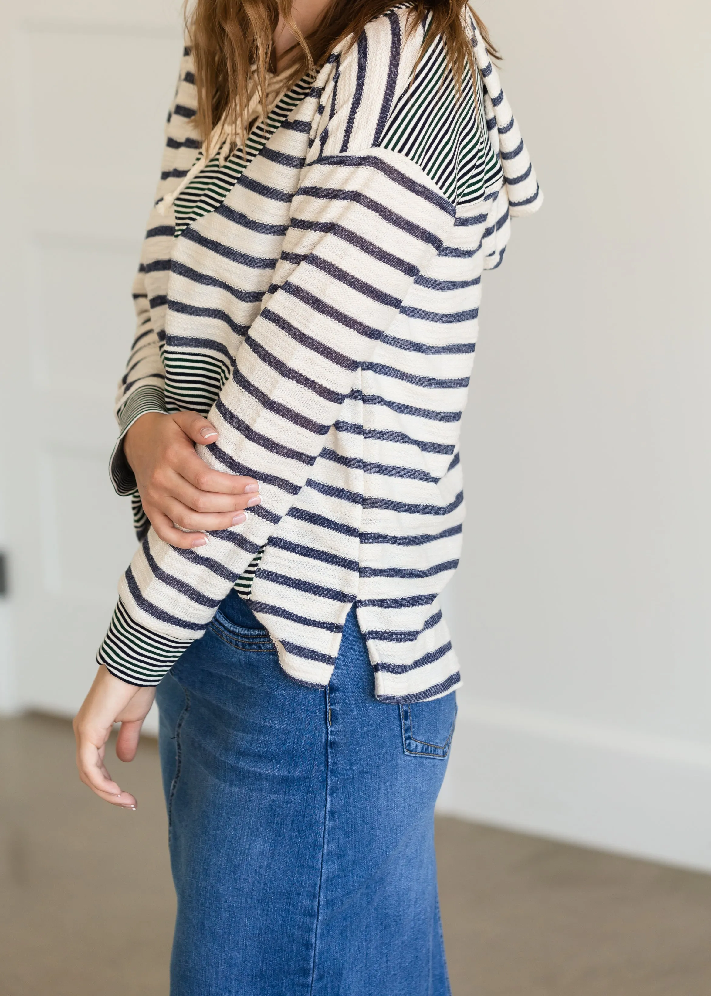 Mixed Stripe Lace Up Hooded Sweatshirt - FINAL SALE