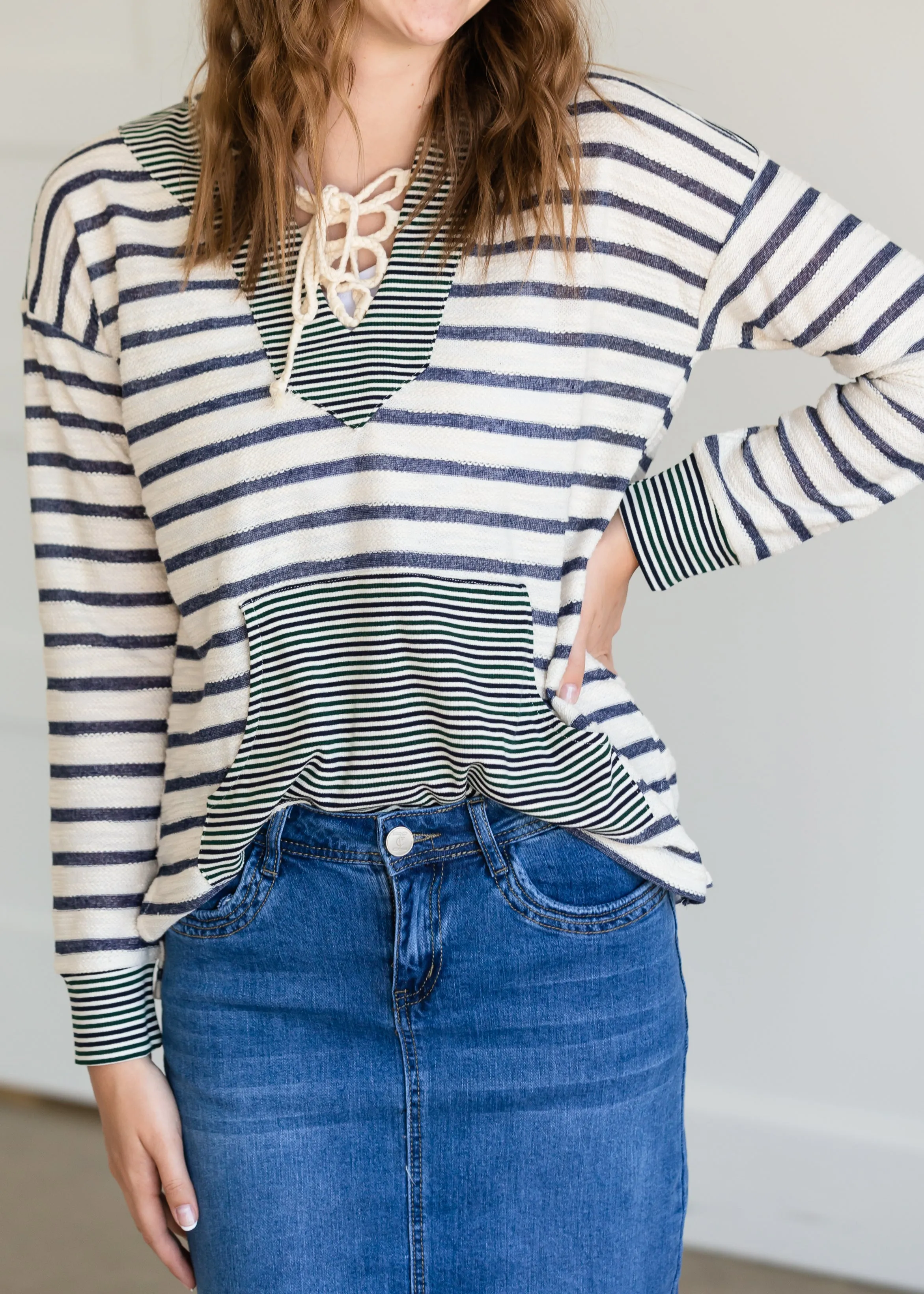 Mixed Stripe Lace Up Hooded Sweatshirt - FINAL SALE