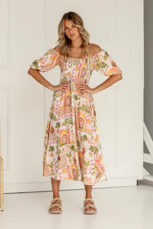 Moroccan Door Shirred Midi Dress
