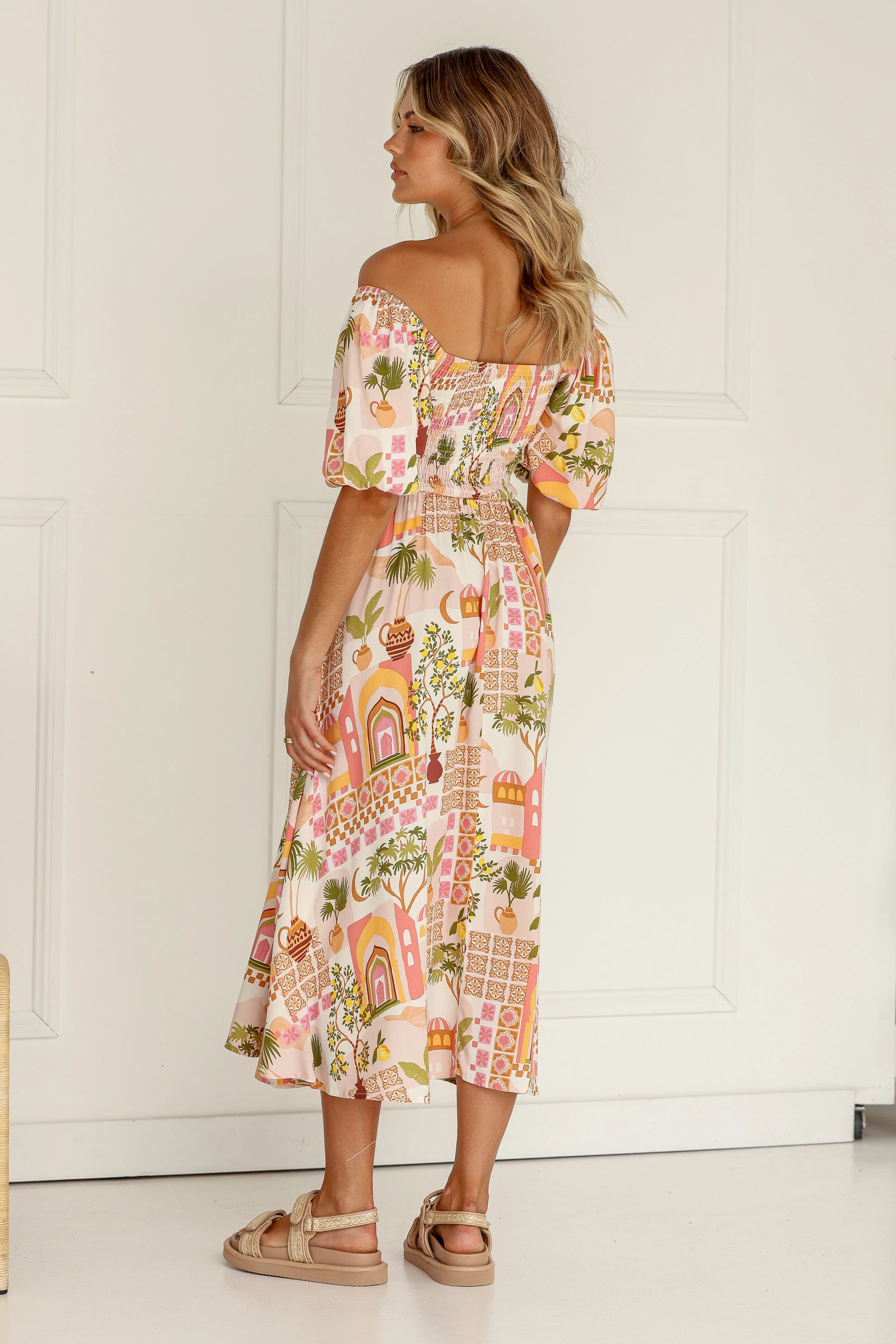 Moroccan Door Shirred Midi Dress
