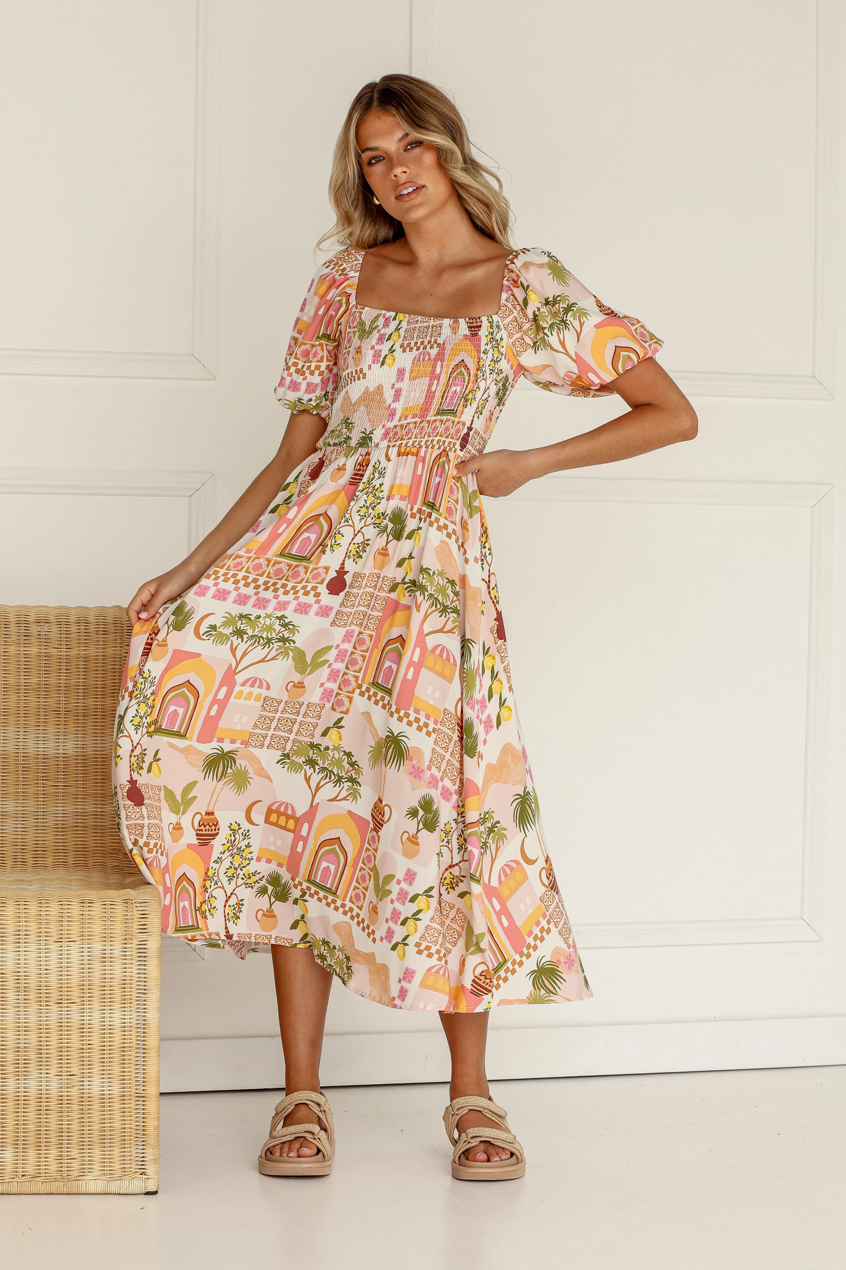 Moroccan Door Shirred Midi Dress