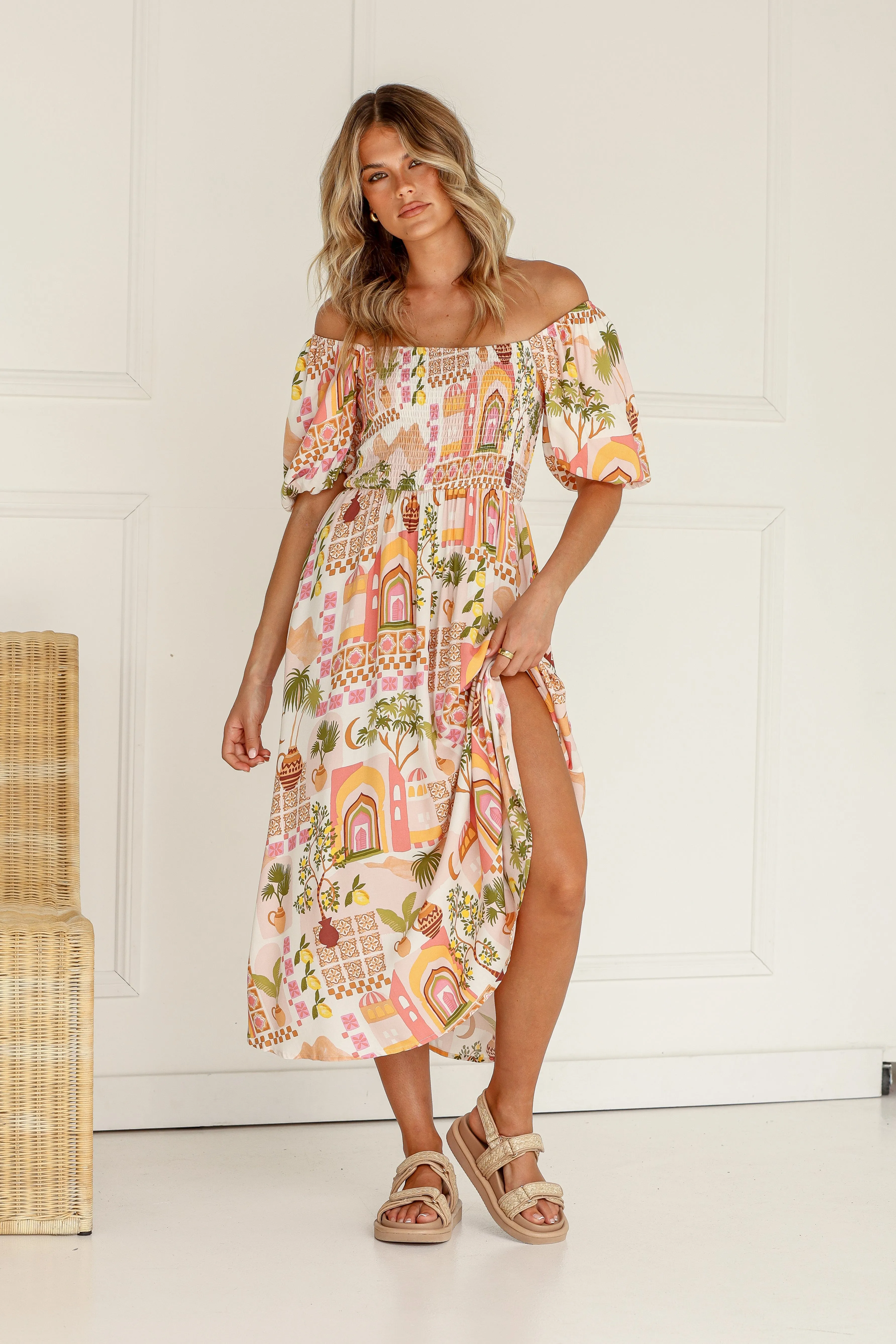 Moroccan Door Shirred Midi Dress