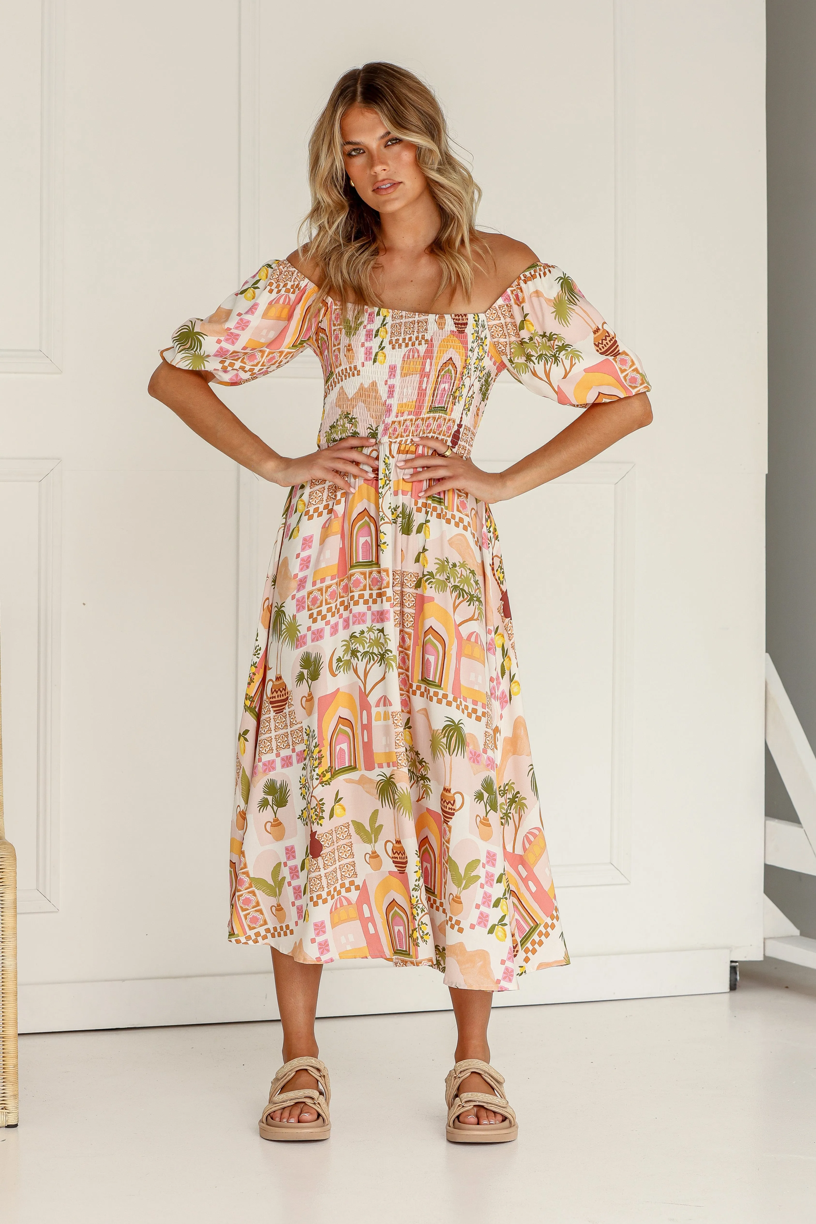 Moroccan Door Shirred Midi Dress