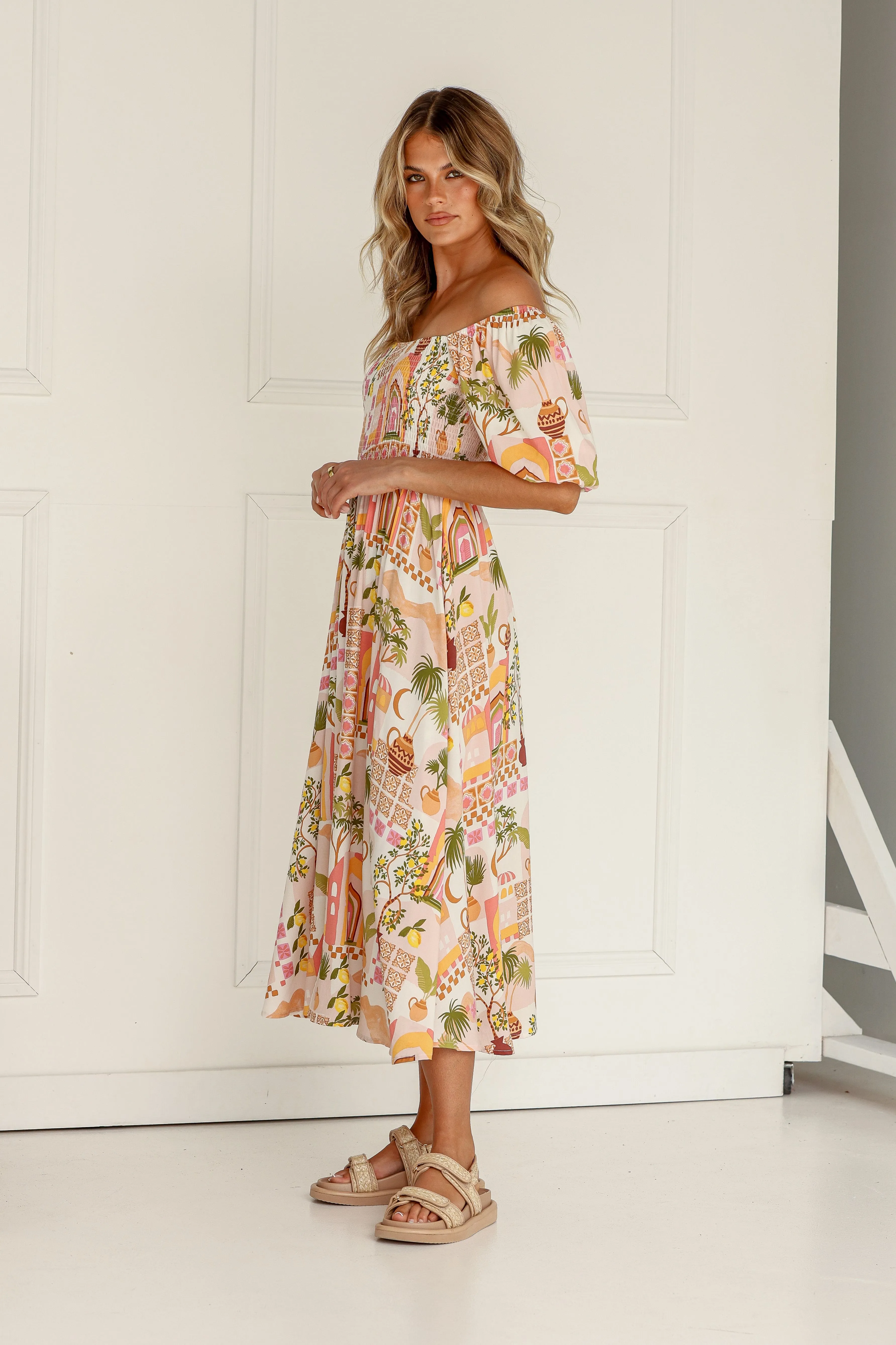 Moroccan Door Shirred Midi Dress